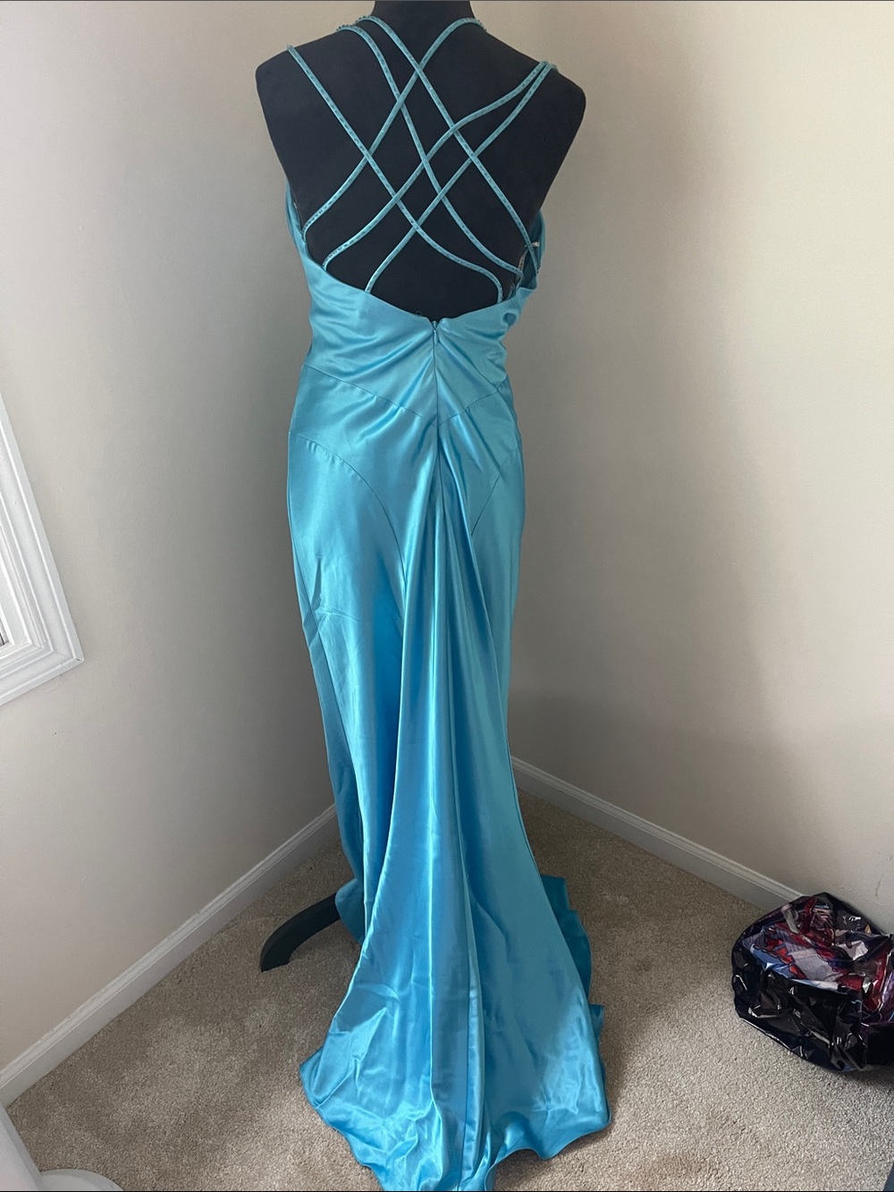 Turquoise Satin Dress with Embellished V-Neck and Criss-Cross Straps - Picture 3 of 6
